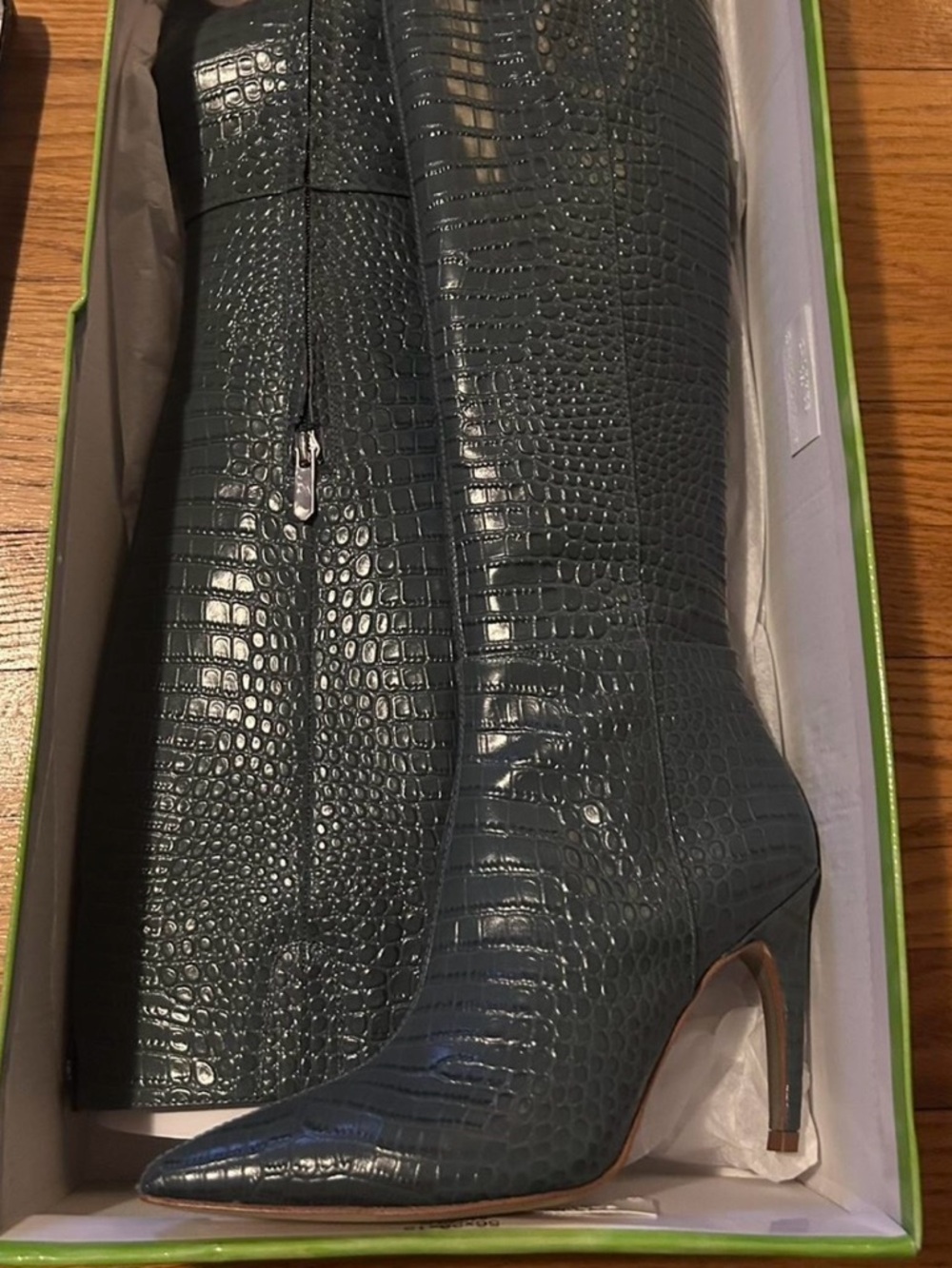 Sam Edelman Dark  Green Croc-Embossed Pointed Toe Knee Boots